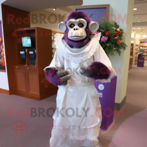 Purple Capuchin Monkey mascot costume character dressed with a Wedding Dress and Handbags