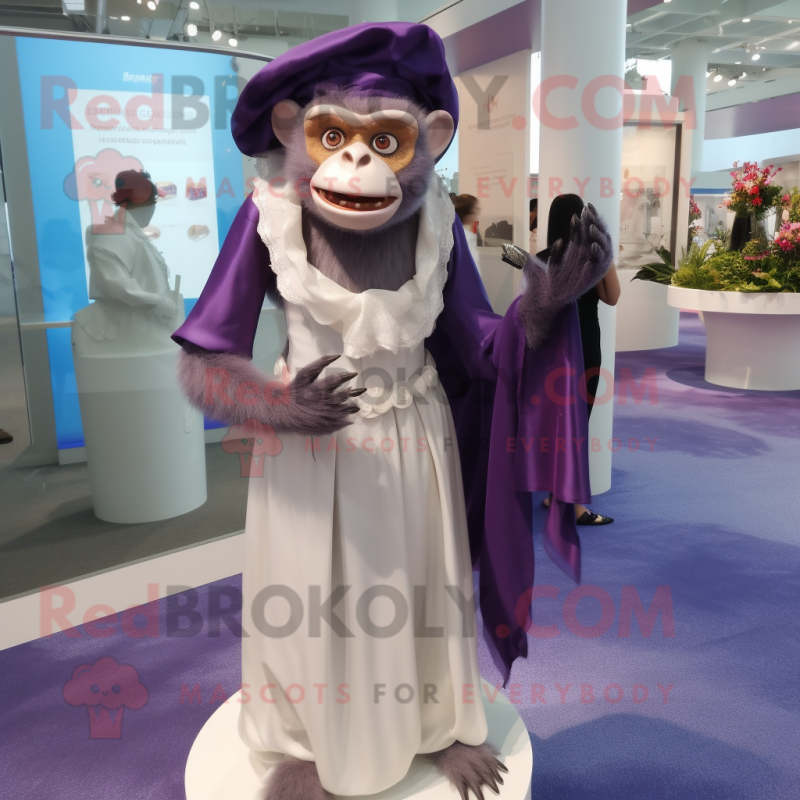 Purple Capuchin Monkey mascot costume character dressed with a Wedding Dress and Handbags