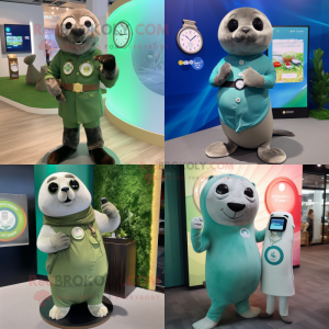 Olive Seal mascot costume character dressed with a Mini Dress and Smartwatches