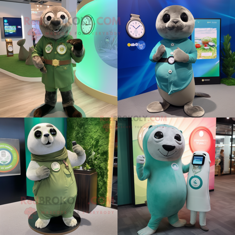 Olive Seal mascot costume character dressed with a Mini Dress and Smartwatches Olive Seal mascot costume character dressed with a Mini Dress and Smartwatches