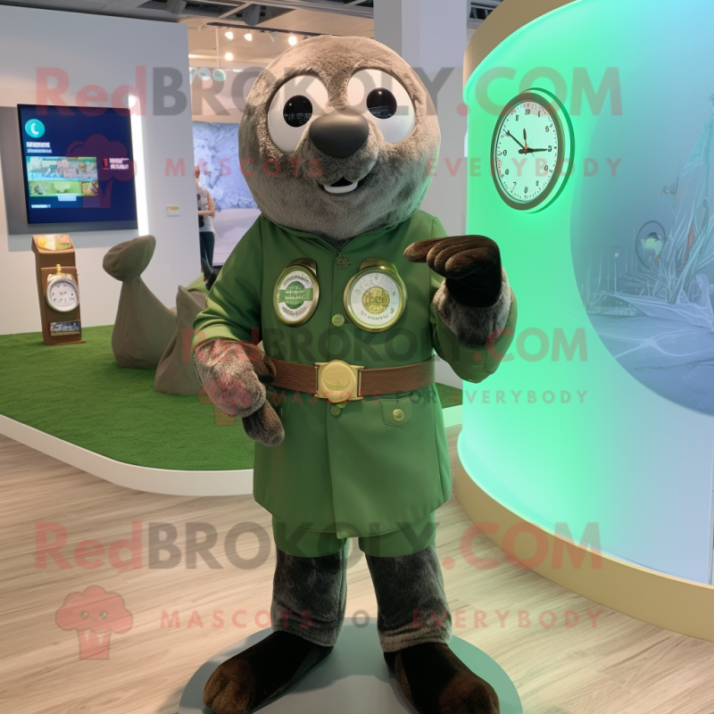 Olive Seal mascot costume character dressed with a Mini Dress and Smartwatches