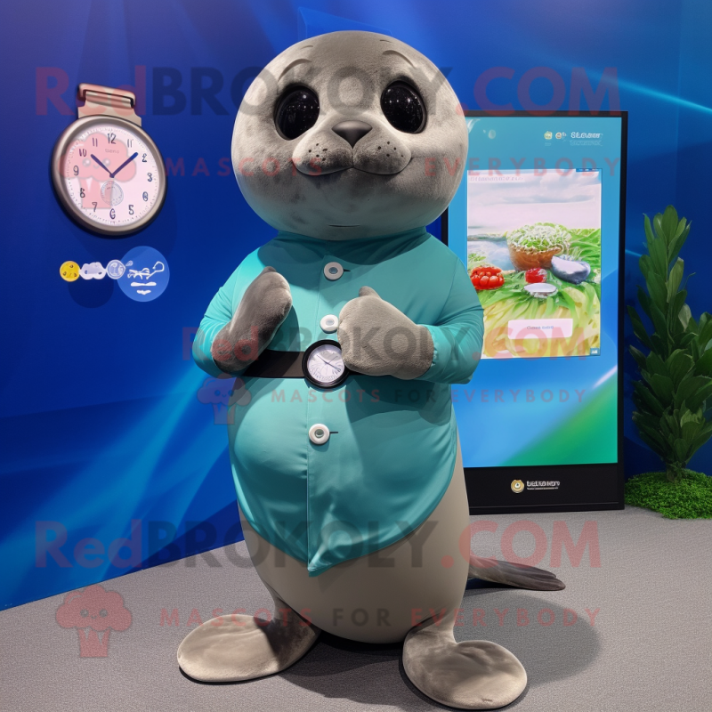 Olive Seal mascot costume character dressed with a Mini Dress and Smartwatches