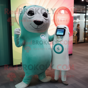 Olive Seal mascot costume character dressed with a Mini Dress and Smartwatches