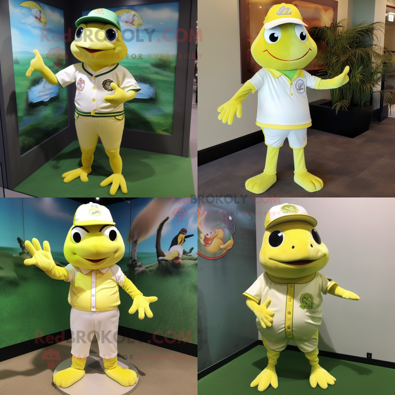 Lemon Yellow Frog mascot costume character dressed with a Baseball Tee and Pocket squares