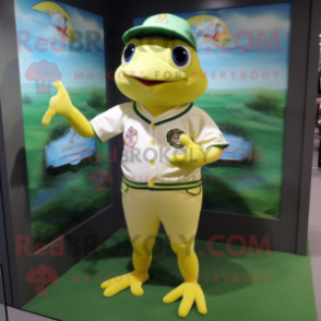 Lemon Yellow Frog mascot costume character dressed with a Baseball Tee and Pocket squares