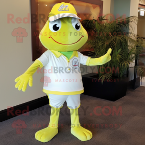 Lemon Yellow Frog mascot costume character dressed with a Baseball Tee and Pocket squares