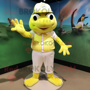 Lemon Yellow Frog mascot costume character dressed with a Baseball Tee and Pocket squares