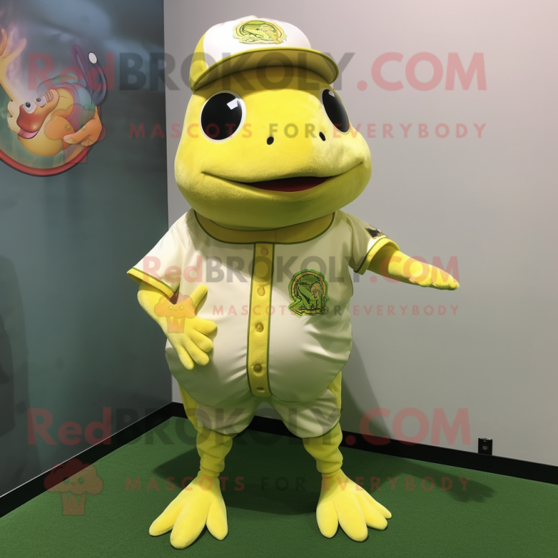 Lemon Yellow Frog mascot costume character dressed with a Baseball Tee and Pocket squares