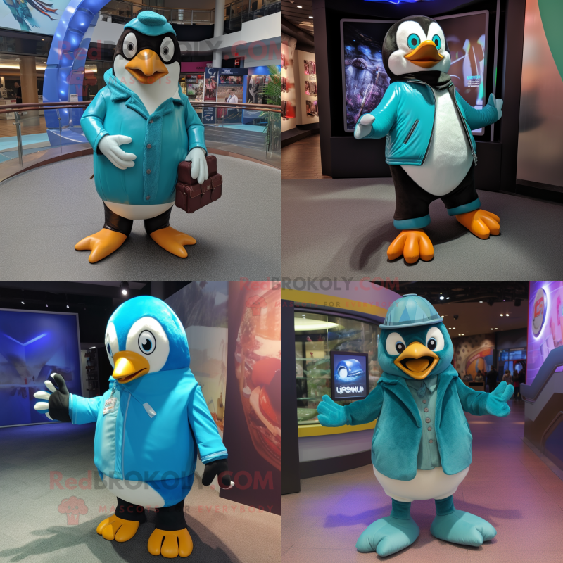 Turquoise Penguin mascot costume character dressed with a Leather Jacket and Foot pads