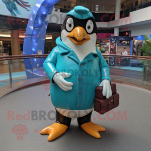 Turquoise Penguin mascot costume character dressed with a Leather Jacket and Foot pads