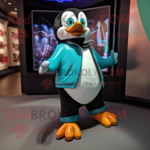 Turquoise Penguin mascot costume character dressed with a Leather Jacket and Foot pads