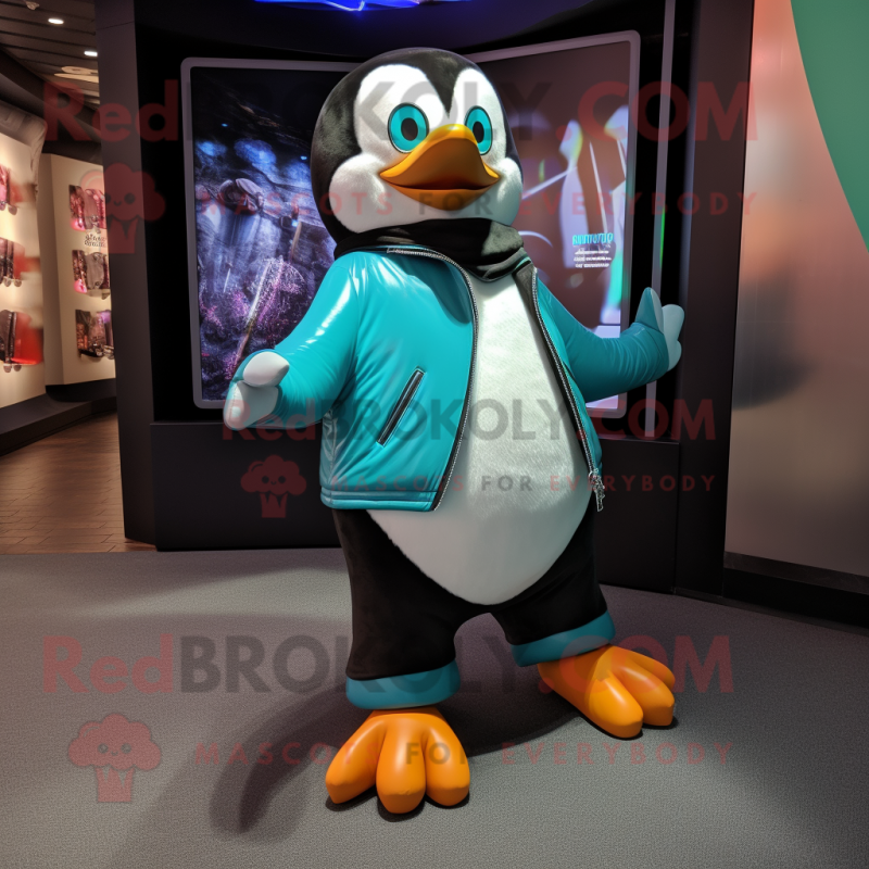 Turquoise Penguin mascot costume character dressed with a Leather Jacket and Foot pads