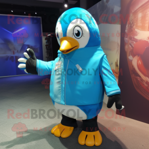 Turquoise Penguin mascot costume character dressed with a Leather Jacket and Foot pads