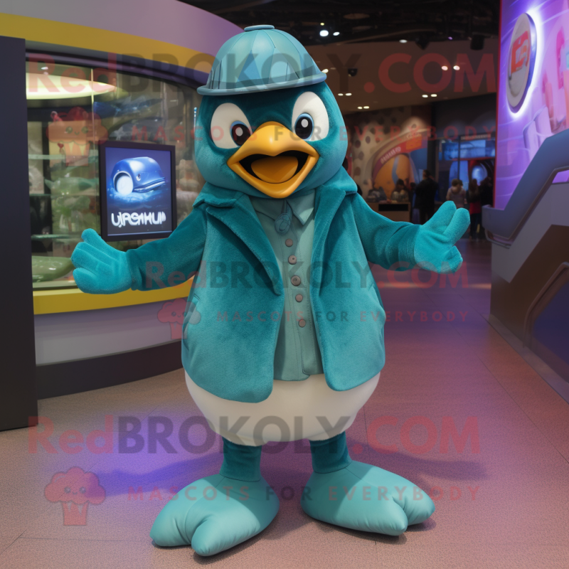 Turquoise Penguin mascot costume character dressed with a Leather Jacket and Foot pads