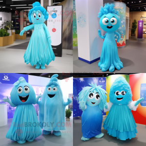 Cyan Ice mascot costume character dressed with a Maxi Dress and Hairpins