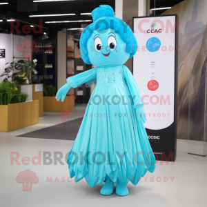 Cyan Ice mascot costume character dressed with a Maxi Dress and Hairpins