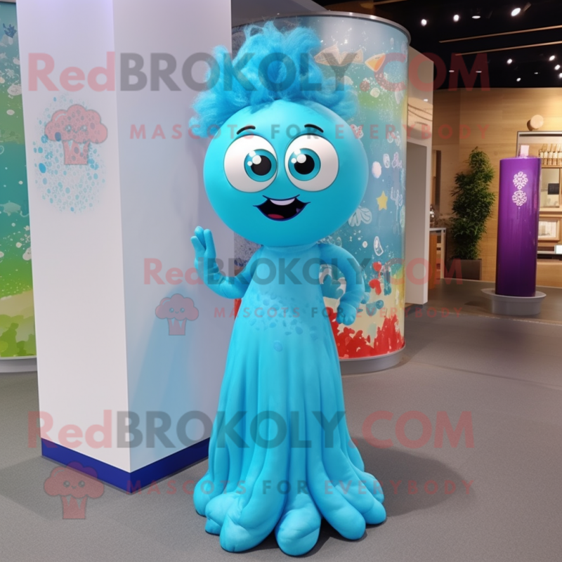 Cyan Ice mascot costume character dressed with a Maxi Dress and Hairpins