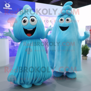 Cyan Ice mascot costume character dressed with a Maxi Dress and Hairpins