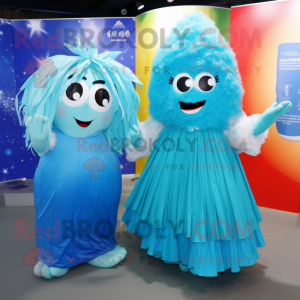 Cyan Ice mascot costume character dressed with a Maxi Dress and Hairpins