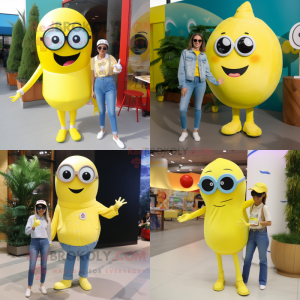 Lemon Yellow Plate Spinner mascot costume character dressed with a Mom Jeans and Sunglasses