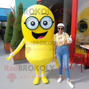 Lemon Yellow Plate Spinner mascot costume character dressed with a Mom Jeans and Sunglasses