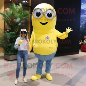 Lemon Yellow Plate Spinner mascot costume character dressed with a Mom Jeans and Sunglasses