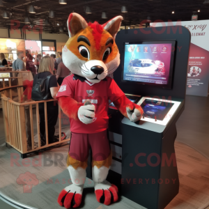 Red Lynx mascot costume character dressed with a Henley Shirt and Headbands