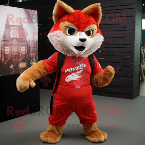 Red Lynx mascot costume character dressed with a Henley Shirt and Headbands