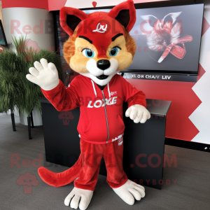 Red Lynx mascot costume character dressed with a Henley Shirt and Headbands