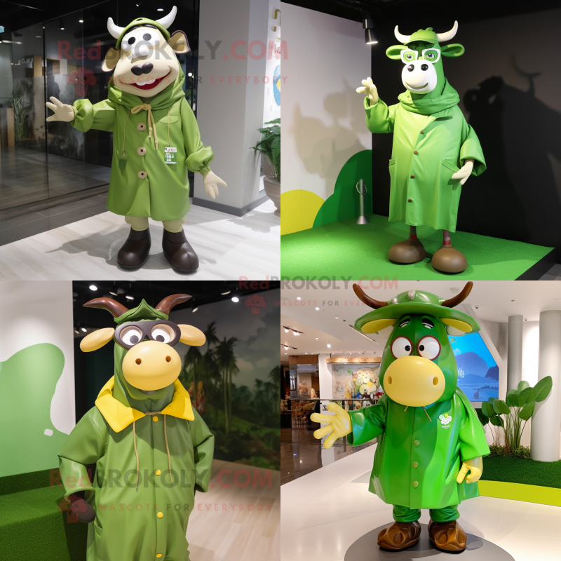 Olive Cow mascot costume character dressed with a Raincoat and Eyeglasses Olive Cow mascot costume character dressed with a Raincoat and Eyeglasses