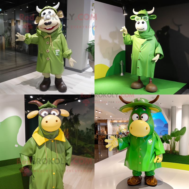 Olive Cow mascot costume character dressed with a Raincoat and Eyeglasses