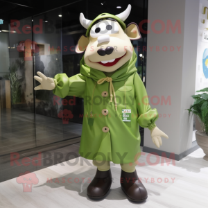 Olive Cow mascot costume character dressed with a Raincoat and Eyeglasses