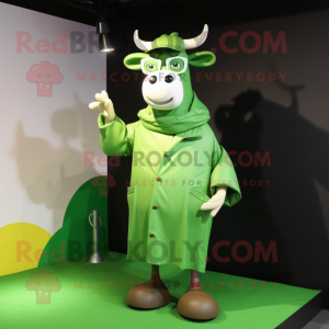 Olive Cow mascot costume character dressed with a Raincoat and Eyeglasses