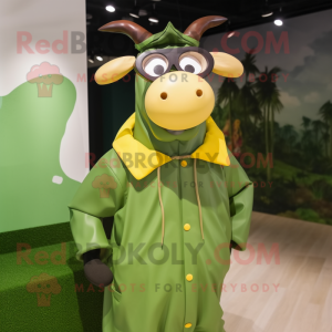 Olive Cow mascot costume character dressed with a Raincoat and Eyeglasses