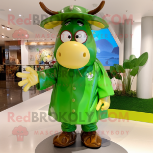 Olive Cow mascot costume character dressed with a Raincoat and Eyeglasses