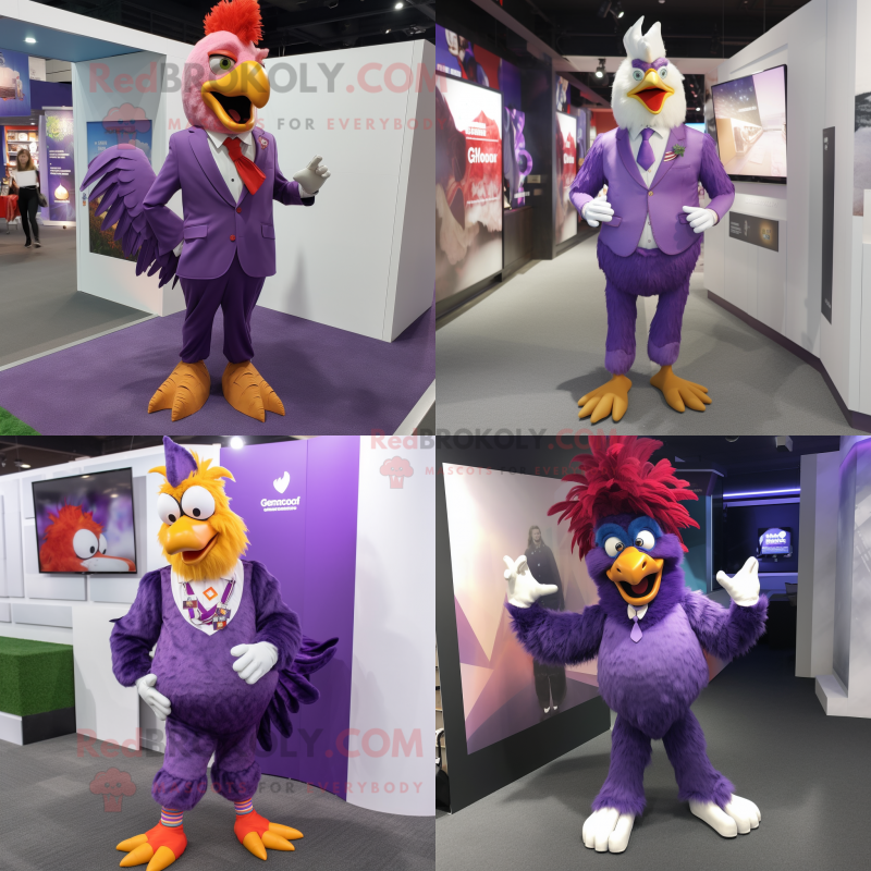 Purple Rooster mascot costume character dressed with a Suit Pants and Anklets