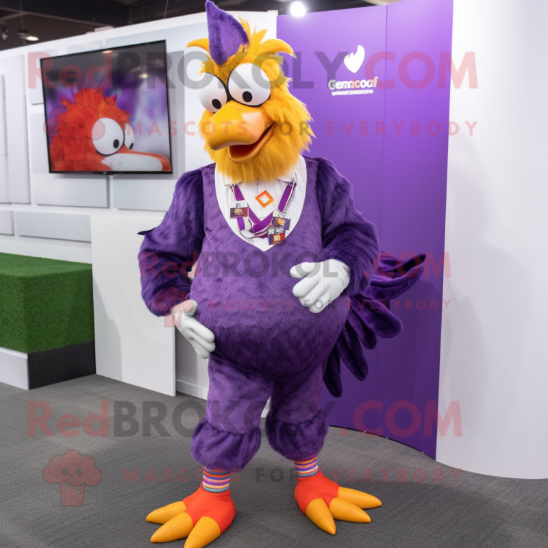 Purple Rooster mascot costume character dressed with a Suit Pants and Anklets