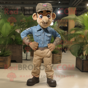 Tan Para Commando mascot costume character dressed with a Denim Shirt and Earrings