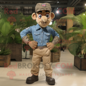 Tan Para Commando mascot costume character dressed with a Denim Shirt and Earrings