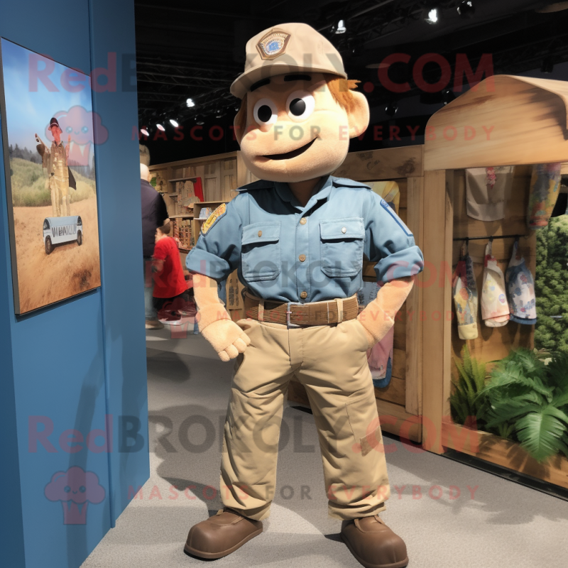 Tan Para Commando mascot costume character dressed with a Denim Shirt and Earrings