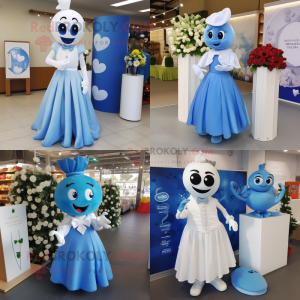 Blue Cherry mascot costume character dressed with a Wedding Dress and Belts