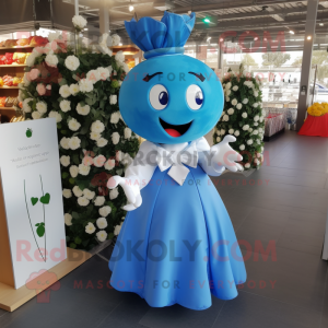 Blue Cherry mascot costume character dressed with a Wedding Dress and Belts