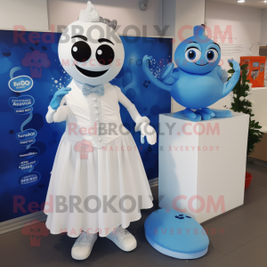 Blue Cherry mascot costume character dressed with a Wedding Dress and Belts