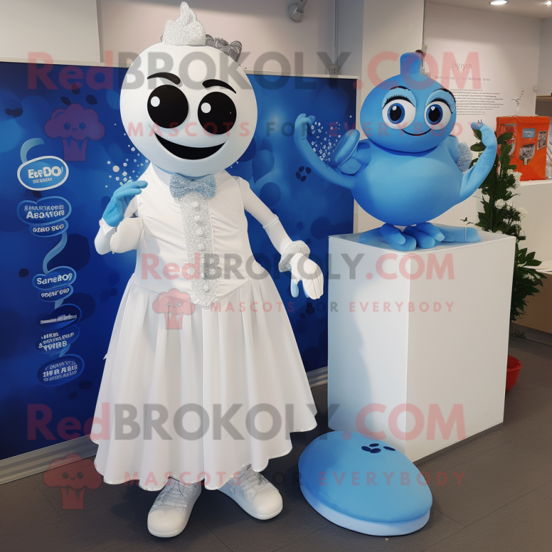 Blue Cherry mascot costume character dressed with a Wedding Dress and Belts
