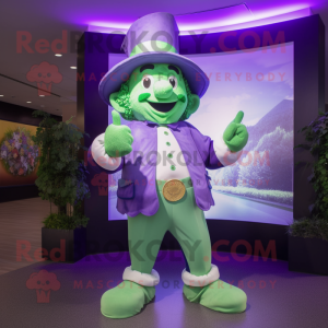 Lavender Leprechaun mascot costume character dressed with a Bodysuit and Hats