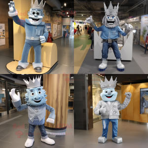 Silver King mascot costume character dressed with a Denim Shirt and Foot pads