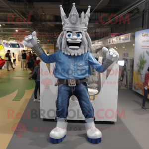 Silver King mascot costume character dressed with a Denim Shirt and Foot pads