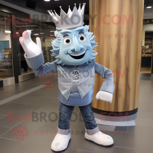 Silver King mascot costume character dressed with a Denim Shirt and Foot pads