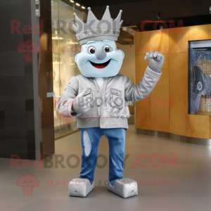 Silver King mascot costume character dressed with a Denim Shirt and Foot pads