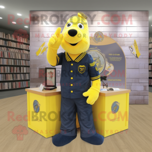 Yellow Navy Seal mascot costume character dressed with a Oxford Shirt and Hair clips